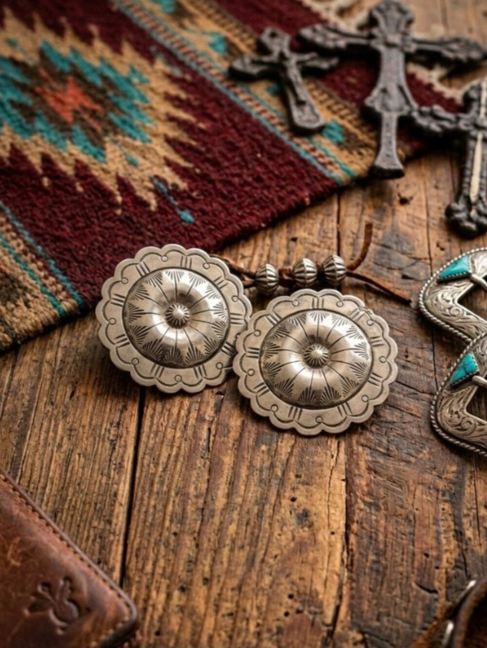 Vintage Southwestern Sterling Silver Stamped Concho Earrings.